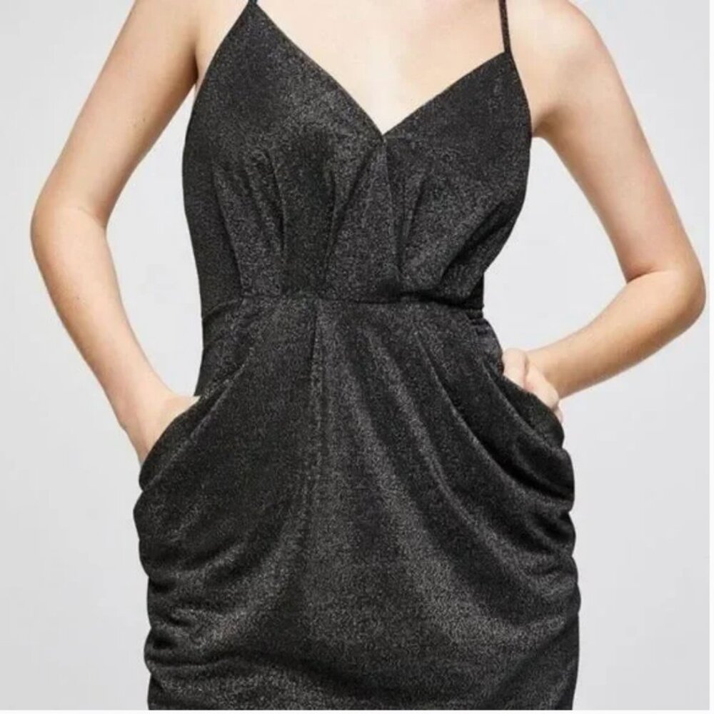 BCBG GENERATION METALLIC BLACK SURPLICE MIDI POCKET DRESS - Picture 2 of 13
